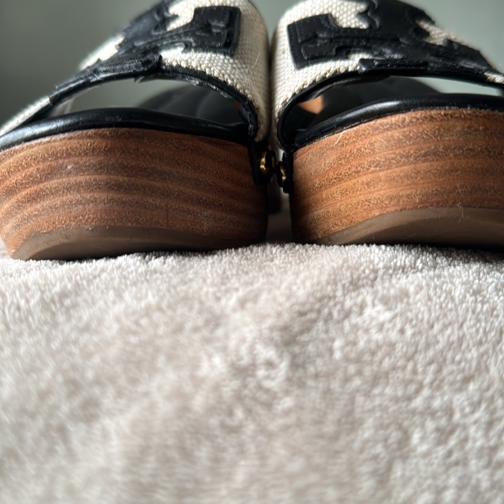 Tory Burch Black and Cream Wedge Sandals - Picture 2 of 13
